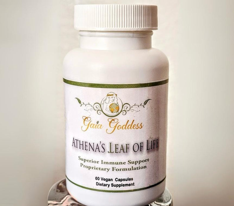 A bottle of 'Athena's Leaf of Life' antioxidant capsules by Gaia Goddess.  Contains 60 vegan capsules.